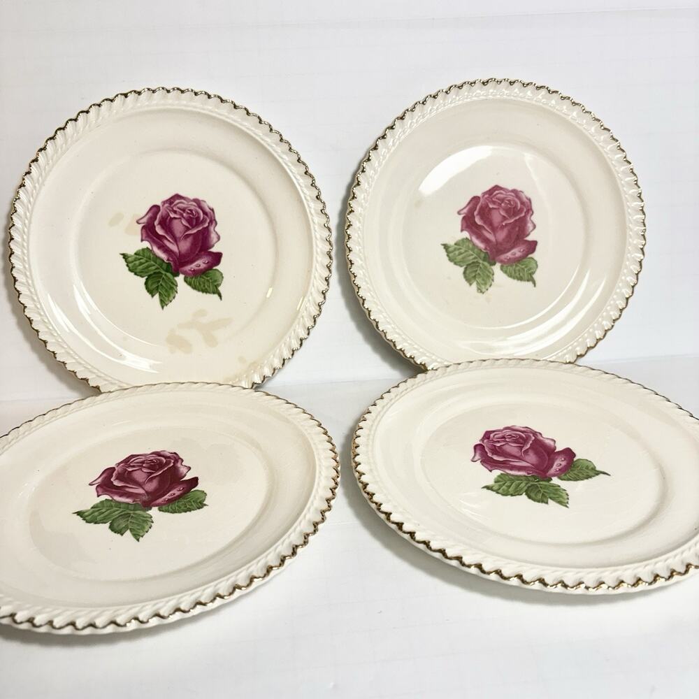 Harker Pottery Co Wild Rose Dessert Plates 22K Gold Rim Bread USA 1940s Tea 4